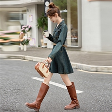 （新款现货）2026春装时尚显瘦复古色西装领牛仔连衣裙（配腰带），女装连衣裙，印象茜