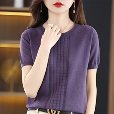 时尚百搭纯色短袖针织衫女夏季新款宽松显瘦圆领套头衫休闲上衣，女装针织衫/毛衣，秋双羊绒