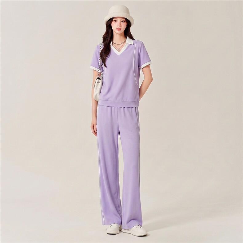 盐系高级感休闲运动时尚套装女夏季减龄翻领短袖上衣阔腿裤两件套,女装套装/套裙,江南
