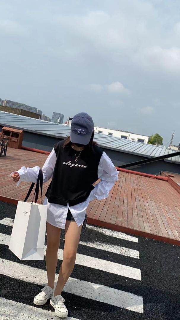 字母刺绣假两件卫衣，女装卫衣/绒衫，Q.P