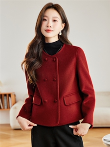红色双面呢外套女2025秋冬新款气质双排扣小个子显瘦时尚妮子大衣图片