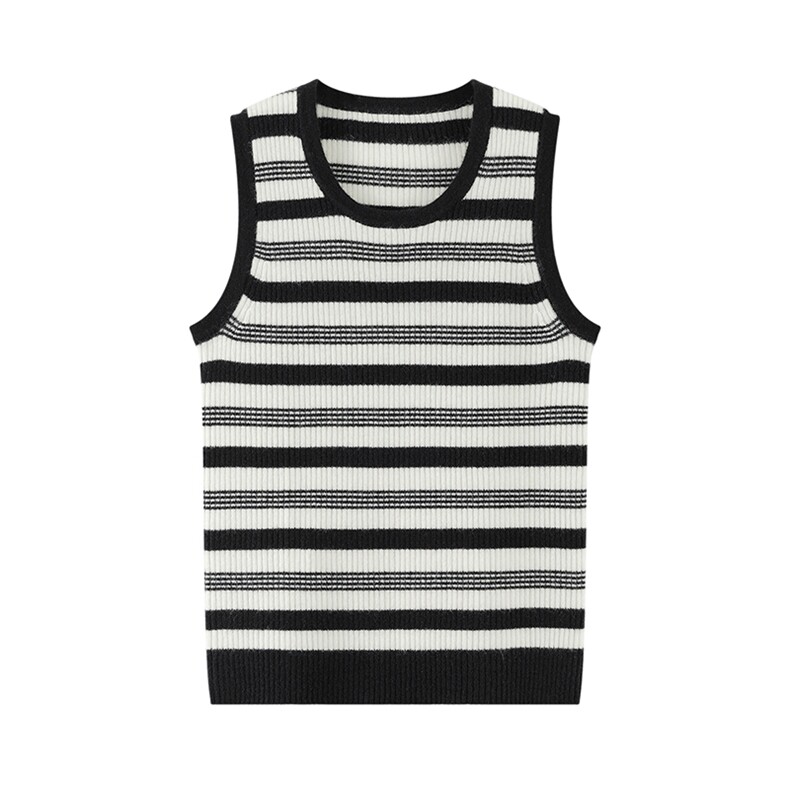2025秋冬百搭时尚黑白条纹圆领坑条背心，女装羊绒衫，绒默