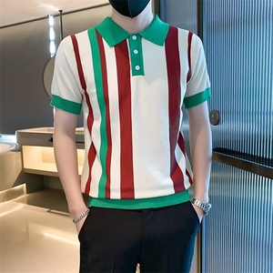 英伦奢华夏季休闲翻领短袖t恤男竖条纹拼色针织polo衫男 T3375图片