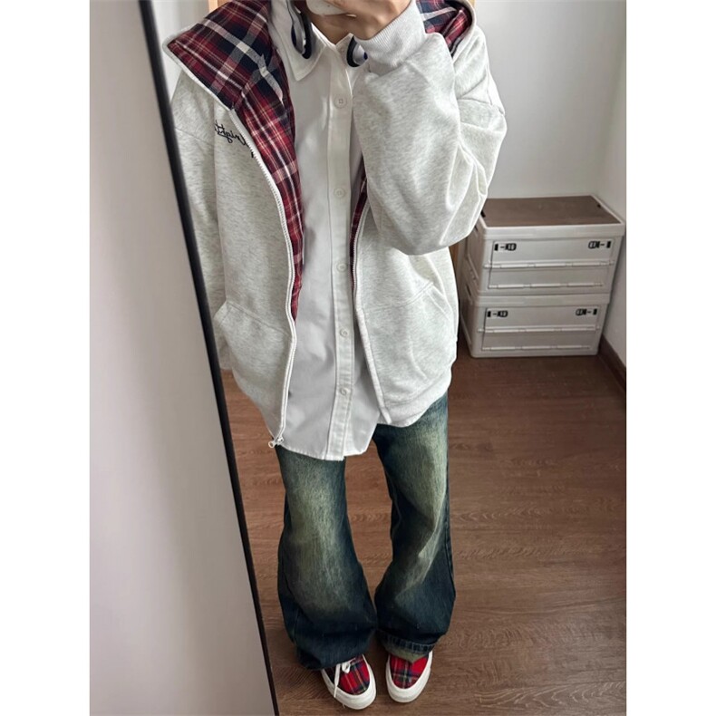 潮牌美式hiphop连帽开衫卫衣男秋冬宽松高街小众情侣灰色休闲外套,女装短外套,四季星座505