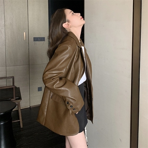 美拉德咖色格纹拼接西装皮衣外套女春秋超火好看高级小众中长大衣图片