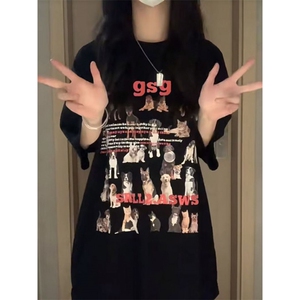 T0732-P25 多元素美式小狗纯棉印花短袖 男女款夏季宽松休闲T恤图片