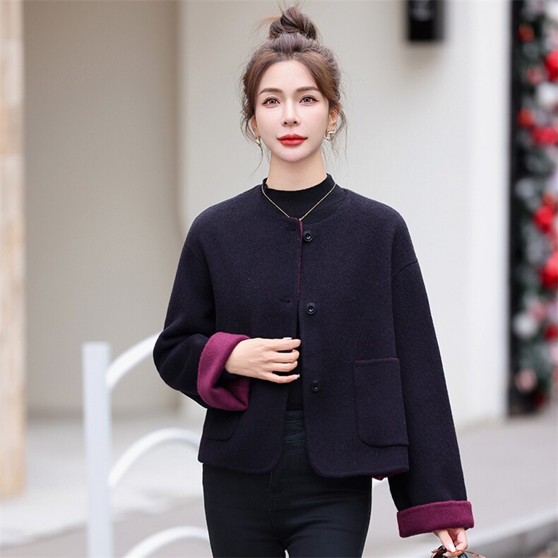 里外撞色双面呢短款外套2026年冬季新款手工双面呢时尚羊毛大衣女,女装双面呢大衣,衣之秀