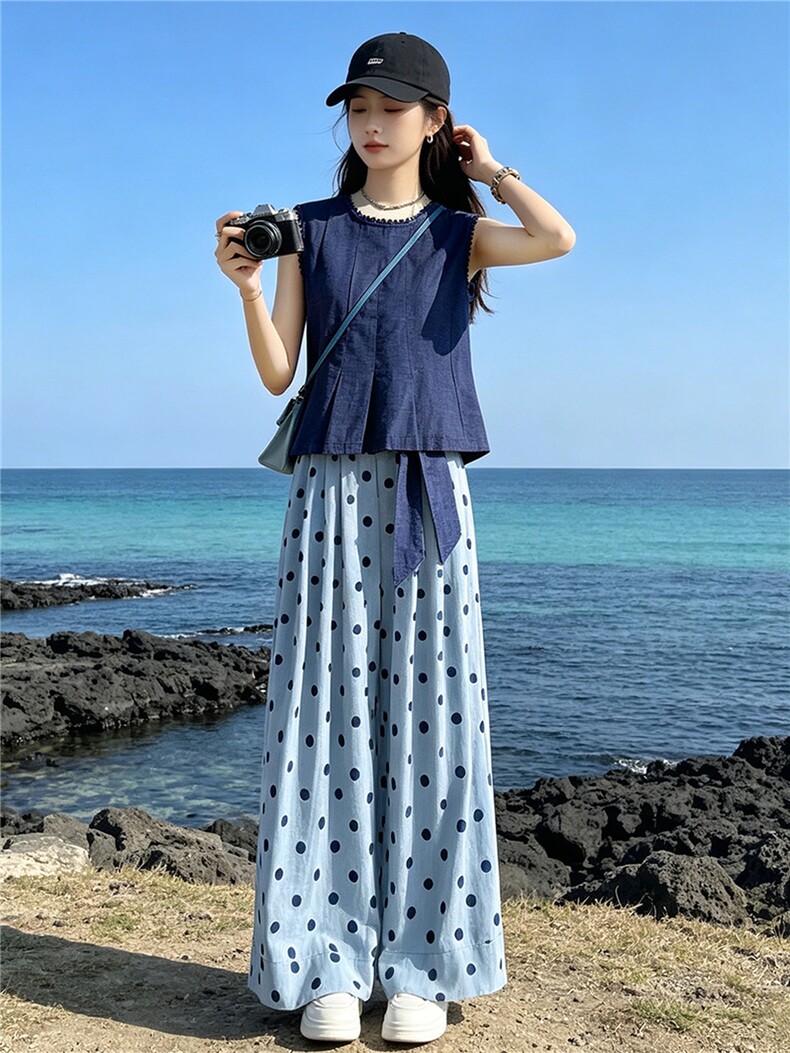 松弛感时尚洋气套装女夏季新款圆领无袖收腰上衣波点阔腿裤两件套,女装套装/套裙,江南