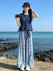 松弛感时尚洋气套装女夏季新款圆领无袖收腰上衣波点阔腿裤两件套，女装套装/套裙，江南