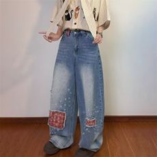 大码胖mm美式复古格子拼接牛仔裤女夏季设计感小众高腰阔腿拖地裤，男装牛仔裤，星座1210-1