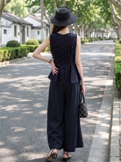 时尚无裙圆领小清新碎花小衫阔腿裤两件套气质优雅套装女，女装套装/套裙，水衣源