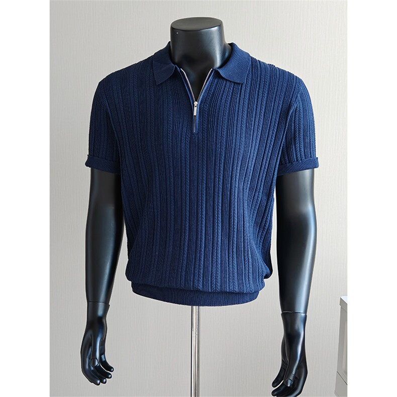 盗图老钱风新贵肌理感拉链翻领针织短袖POLO衫E77130/P58控88，男装T恤，电商A243