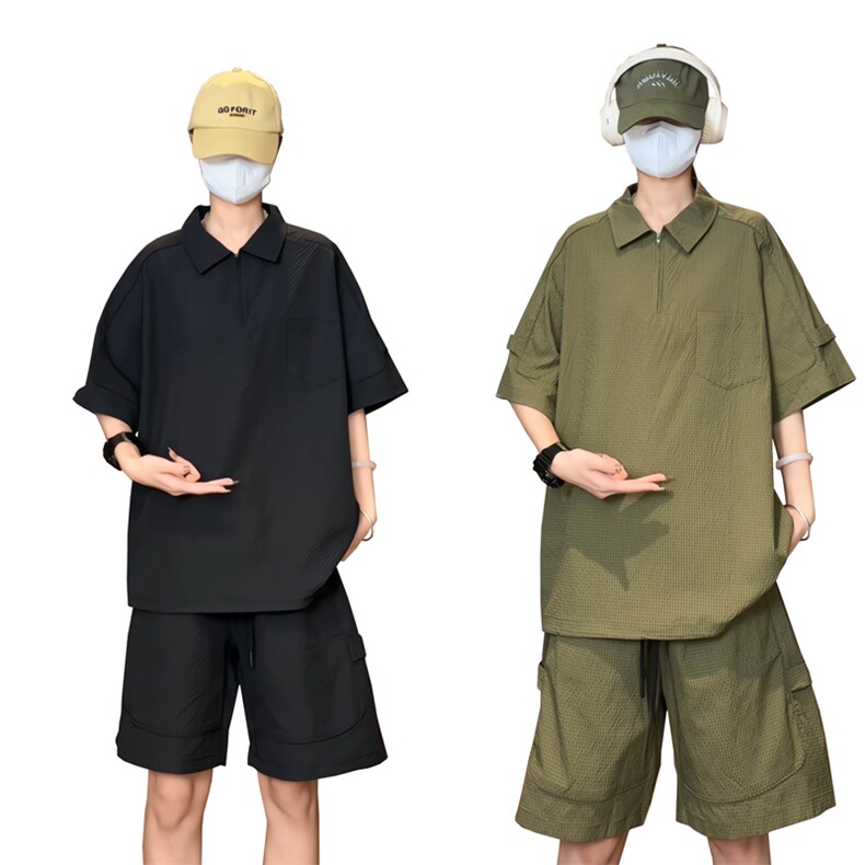 量大优供视频泡泡纱polo衫套装短袖短裤男CP77TZ-特p50,男装休闲套装,电商B371