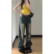 美式vibe复古破洞牛仔裤男女高街嘻哈宽松做旧长裤K60726-P40网图，男装牛仔裤，电商B245