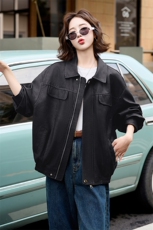 美拉德皮衣外套女早秋学院风棕色皮衣美式痞帅皮夹克2024新款高级，女装皮衣，江南女神