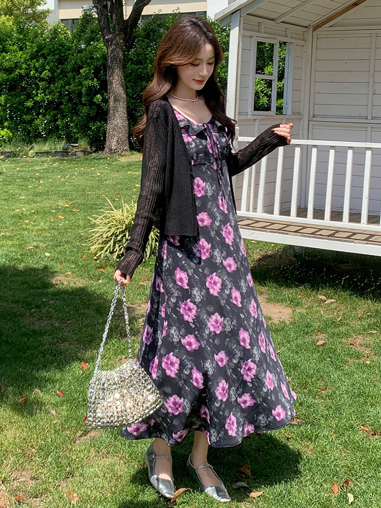 蓝色荷叶领碎花连衣裙女2025夏季新款韩系甜美修身显瘦吊带长裙潮,女装连衣裙,玖莱伊