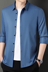 长袖衬衫男2023秋季纯色免烫无痕商务休闲男装中年男士时尚上衣图片