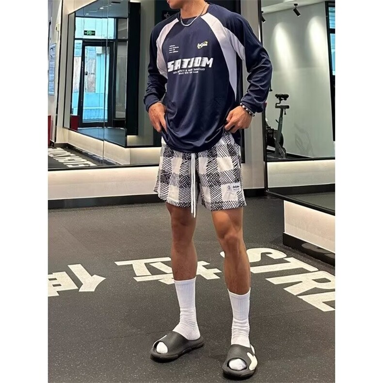 美式透气网眼透气短裤条格纹休闲宽松健身跑步潮牌男DK56-P23，男装牛仔裤，星座208-5