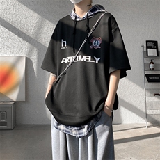 现货T10112-特批35控68新款撞色拼接格子假两件连帽短袖T恤，男装T恤，电商A059