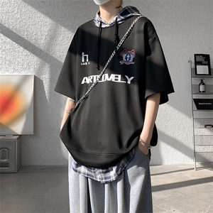 现货 T10112-特批35 控68 新款撞色拼接格子假两件连帽短袖T恤图片
