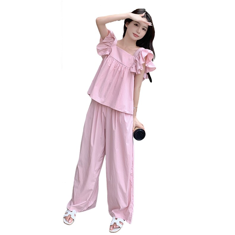 2025夏季新款套装飞飞袖蝴蝶结韩版松紧腰套装,女装套装/套裙,2C290