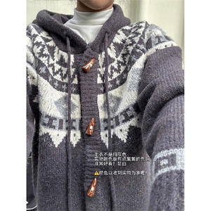 重磅秋冬北极绒开衫毛衣美式复古休闲慵懒风牛角扣针织衫连帽外套图片