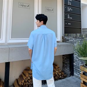 夏季薄面料男衬衣皱面百搭胸前飘带设计蓝衬衫A图片