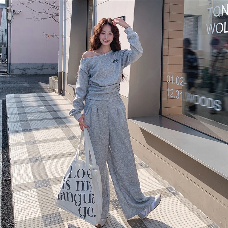 2026高级感韩系灰色斜领上衣+裤子卫衣套装282-8818-P125-K180,女装套装/套裙,浙宝282