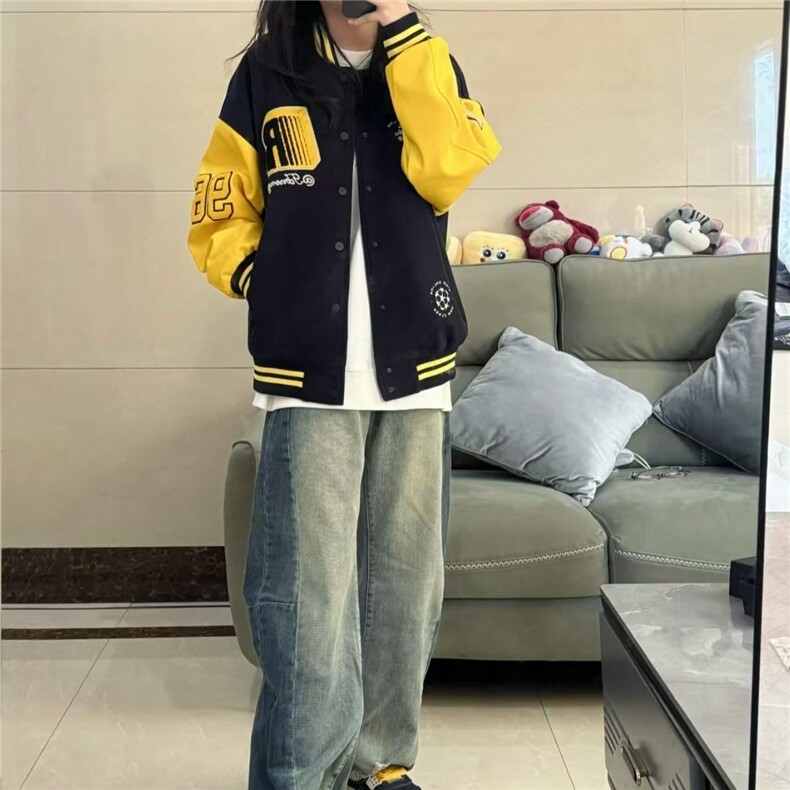 美式复古盾徽撞色夹克男校园风重磅设计感外套秋冬加厚保暖高级感图片