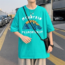 T3673P25已爆圆领卡通印花T恤男港风T恤落肩款宽松T恤克莱因蓝T，男装T恤，星座510A-1