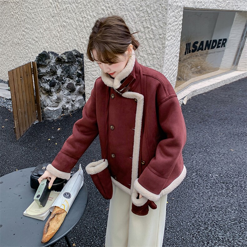 皮毛一体麂皮外套女2025冬加绒复古小个子时尚短款羊羔毛高级感厚,女装羊羔毛/颗粒绒,浙宝069