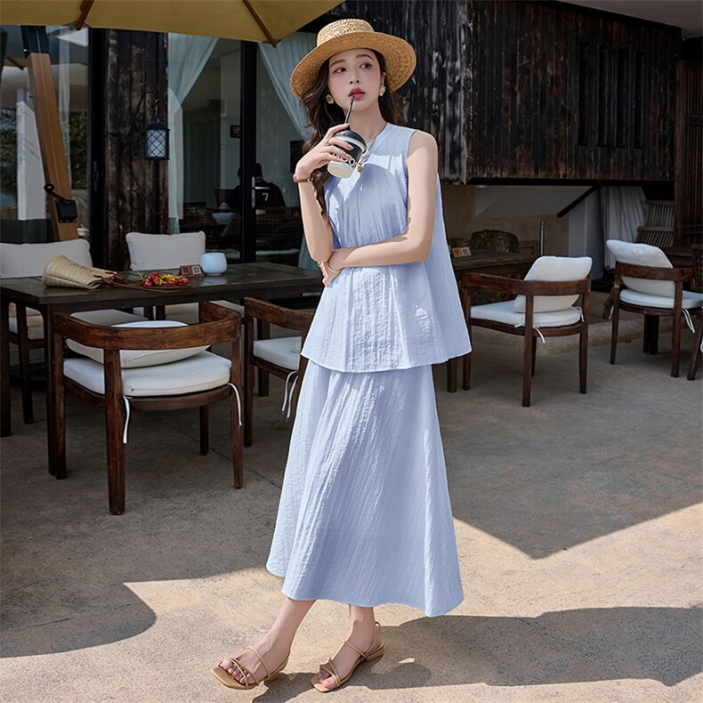 慵懒风无袖背心套装女2025夏季新款气质洋气简约纯色宽松两件套裙,女装套装/套裙,潮流依族