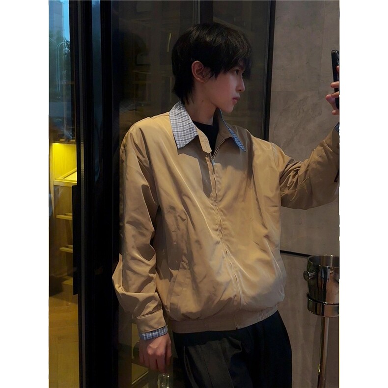 卡其色假两件短款外套男款秋季美式复古千鸟格拼接巴恩风工装夹克,男装夹克,四季星座505