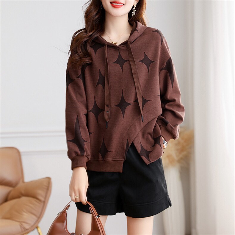 现货2023秋季新款特质面料不规则下摆宽松休闲百搭连帽卫衣，女装卫衣/绒衫，深水步