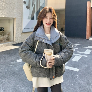 韩系灰色撞色短款羽绒服外套女冬2025新款设计保暖白鸭绒气质外套图片