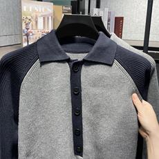 拼接长袖针织衫高级感商务休闲翻领百搭POLO衫上衣313B-M9830-P75，男装针织衫/毛衣，星座313B