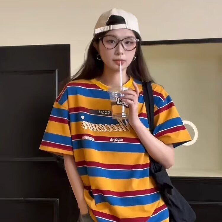 撞色条纹短袖t恤女2025新款夏季宽松休闲美式设计感小众半袖上衣,男装T恤,星座506A