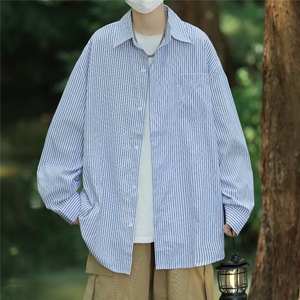 复古条纹衬衫男秋季新款日系潮牌宽松休闲衬衣外套少年感图片