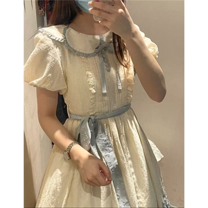 日系甜美可爱娃娃领泡泡袖绑带连衣裙女夏季收腰显瘦蓬蓬公主短裙图片