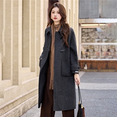 现货2025手工缝制冬季保暖新款时尚舒适中长款翻领双面羊毛大衣，女装双面呢大衣，卡杰菲