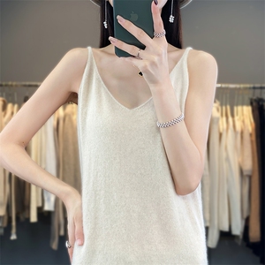 春秋卷边圆领100%羊毛吊带女纯色针织无袖背心宽松内搭打底羊绒衫图片