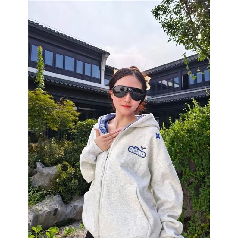 连帽开衫宽松卫衣格子撞色情侣男女同款秋外套WY1038P55加绒P60,女装短外套,星座1013-5