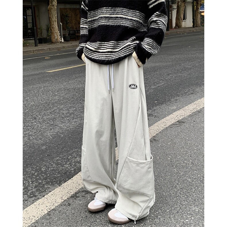 美式复古拼接休闲裤子男女加绒加厚工装阔腿K566-P45常规P50加绒图片