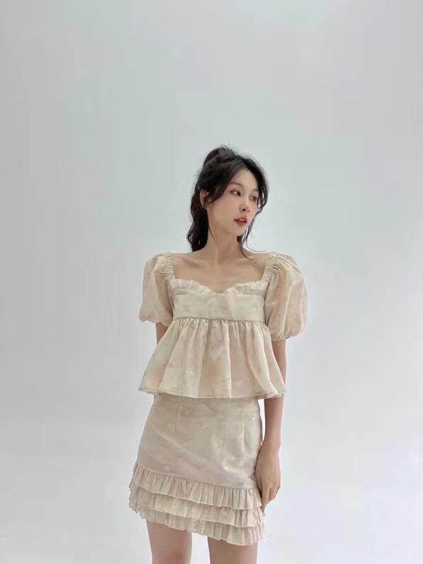 泡泡袖娃娃领套装，女装职业装，HE