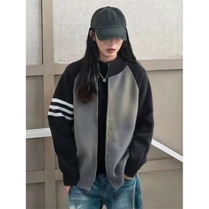 重磅秋冬北极绒开衫毛衣美式复古休闲慵懒风撞色立领针织衫外套图片
