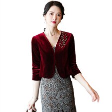 春秋金丝绒小外套女收腰显瘦修身超短款旗袍披肩开衫外搭短外套潮，女装短外套，婵米儿