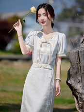 2025年夏季新中式气质盘扣修身两件套裙时尚减龄，女装套装/套裙，卡杰菲