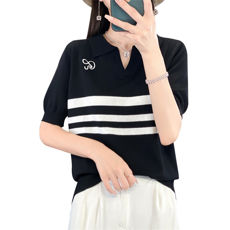 时尚女装POLO领条纹短袖冰丝针织衫显瘦百搭气质上衣,针织衫/毛衣,萱芳婷羊绒