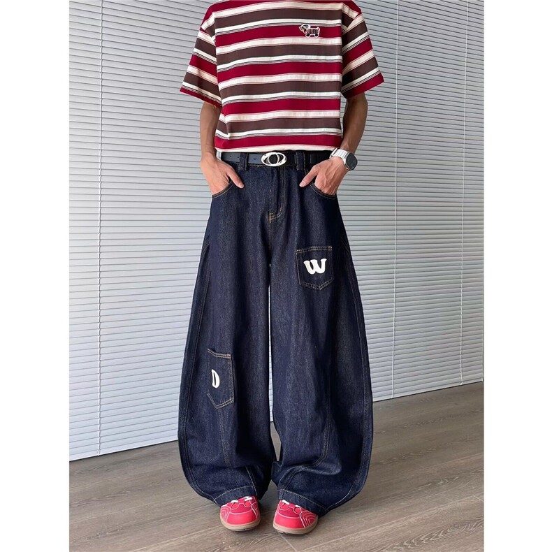 廓形弯刀牛仔裤男女春夏新款字母印花设计感宽松阔腿裤N07666-P55,男装牛仔裤,星座308B-1