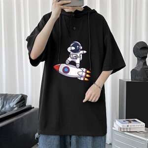 LD54158-P45 连帽短袖t恤男大码胖子带帽五分袖中袖图片
